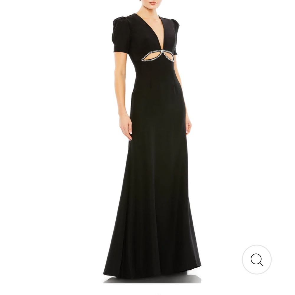 Mac Duggal Ieena Plunge Neck Puff Sleeve Cut Out Gown 4 Black Beaded Sequins
